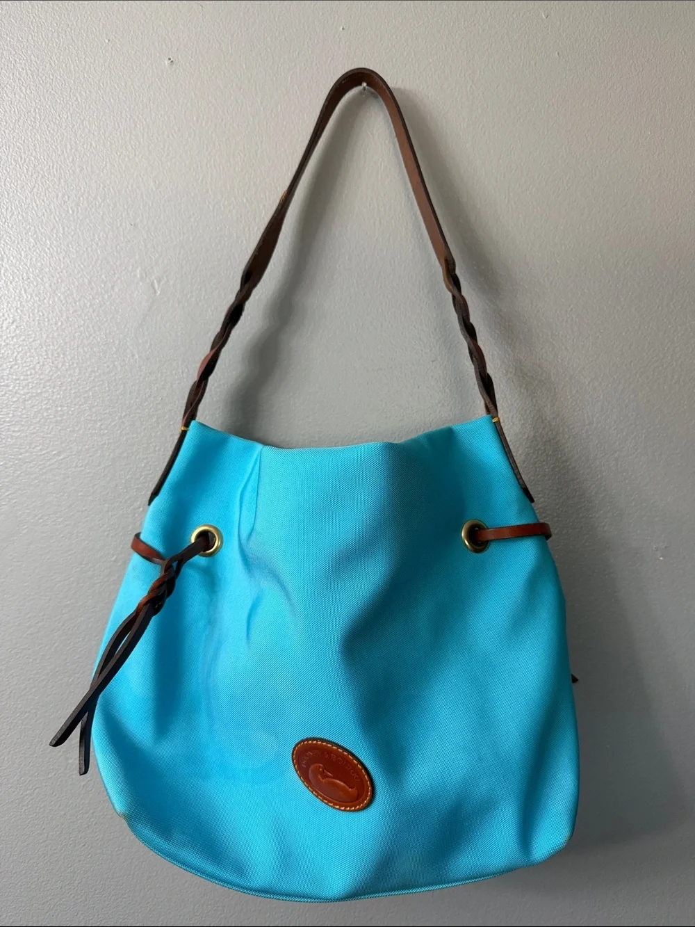 Dooney & Bourke Turquoise Canvas Hobo with Brown Leather Trim